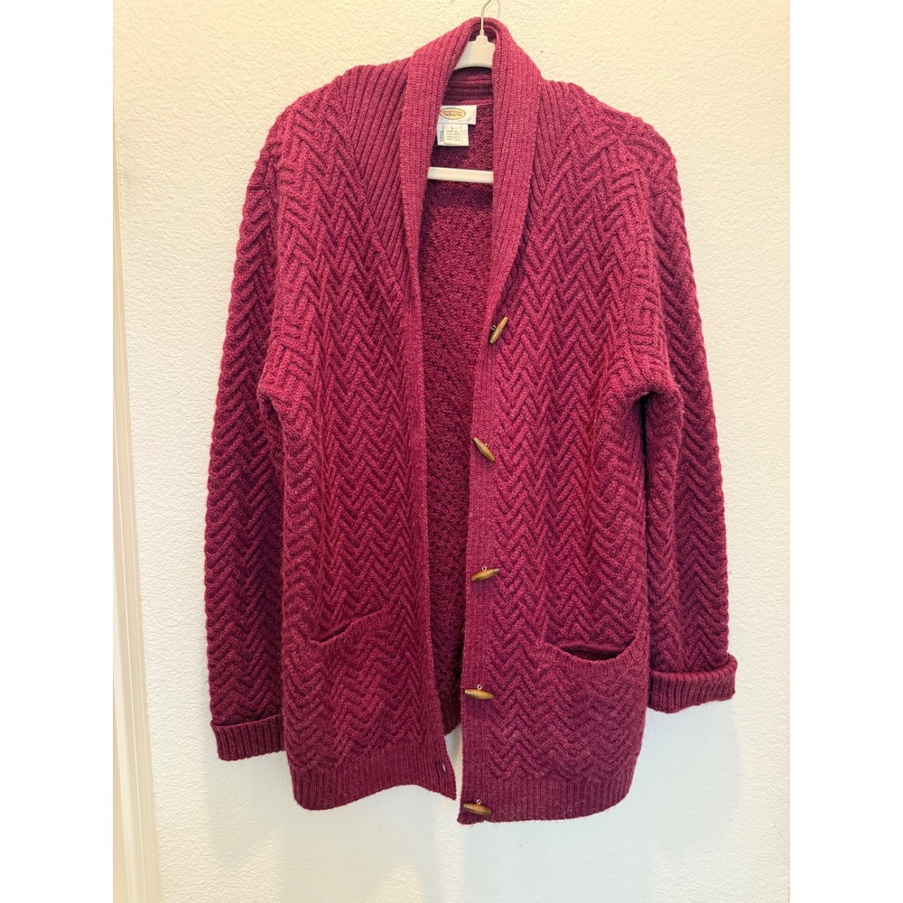 Talbots Vintage Wool Chevron Knit Shawl Cardigan Sweater Toggle Magenta Berry L